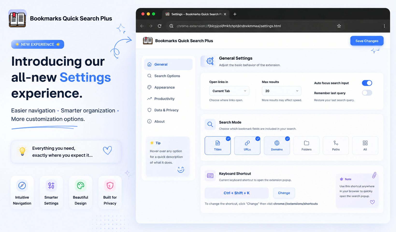 Bookmarks Quick Search Plus settings page with search options and appearance controls