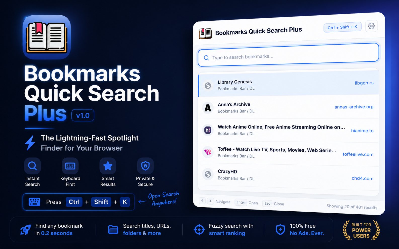 Bookmarks Quick Search Plus spotlight search interface