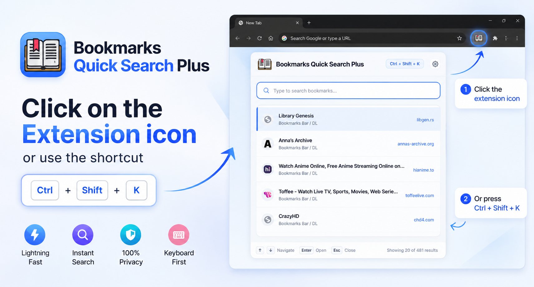 Bookmarks Quick Search Plus opened from the browser toolbar with the extension icon
